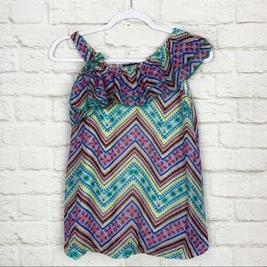 George Chevron Mixed Media Ruffle Shoulder Blouse